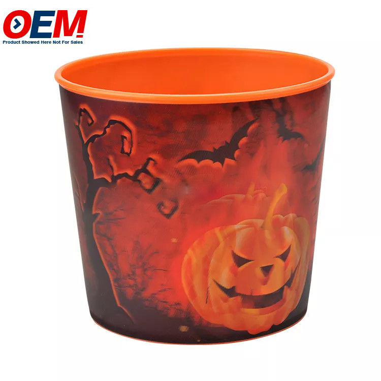 Récipient à popcorn en plastique personnalisé avec un design de dessin animé d'animal d'Halloween, seau à popcorn en plastique pour le stockage des aliments avec couvercle