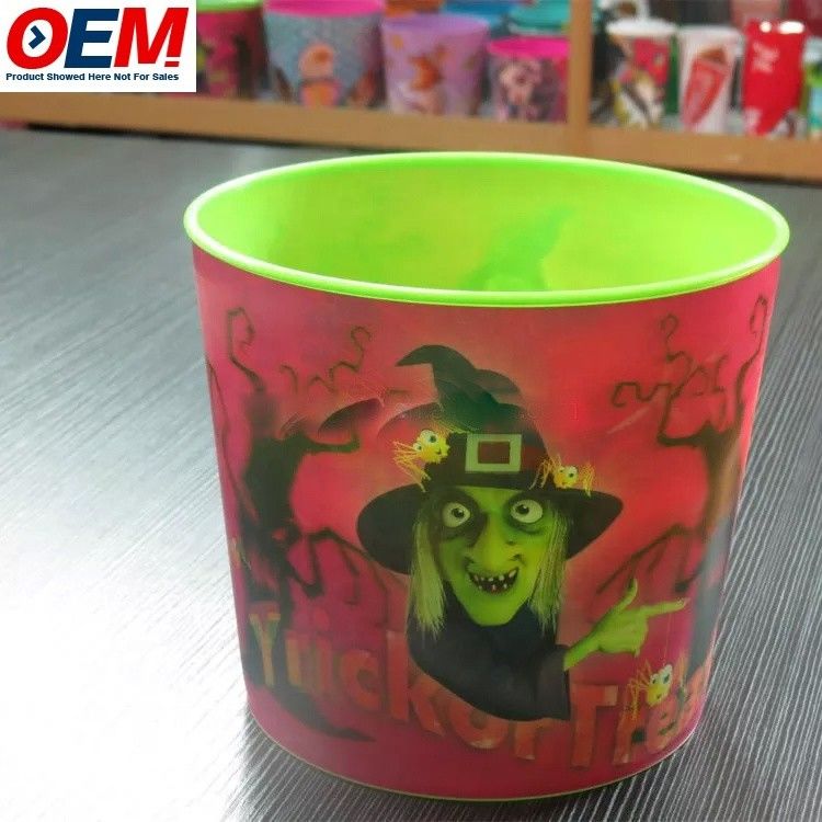 Récipient à popcorn en plastique personnalisé avec un design de dessin animé d'animal d'Halloween, seau à popcorn en plastique pour le stockage des aliments avec couvercle