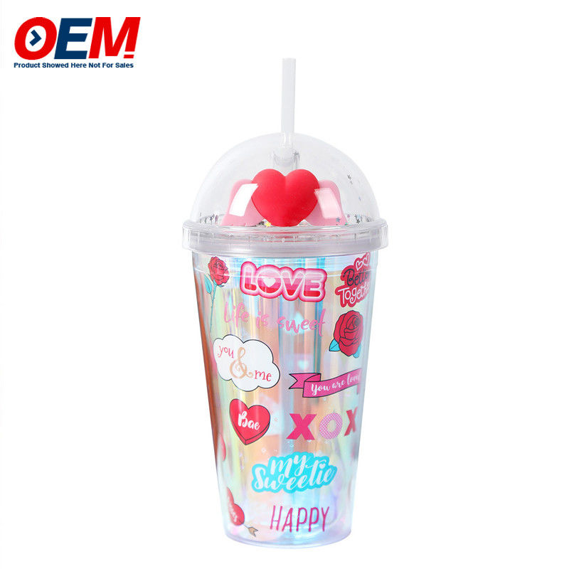 Coupe à double paroi en PP personnalisée avec paille OEM 450ml Coupe en plastique de haute qualité Coupe à eau Unicorn mignonne