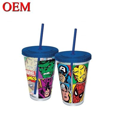 Fournisseur de haute qualité sur mesure Marvel double paroi plastique tasse de voyage avec paille