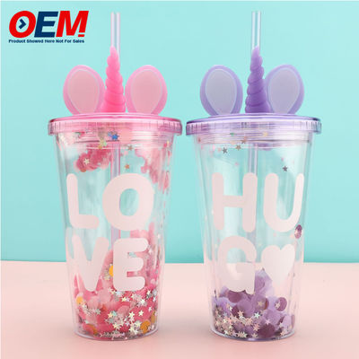 Coupe à double paroi en PP personnalisée avec paille OEM 450ml Coupe en plastique de haute qualité Coupe à eau Unicorn mignonne