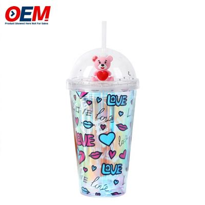Coupe à double paroi en PP personnalisée avec paille OEM Coupe en plastique Coupe d'eau pour ours mignonne